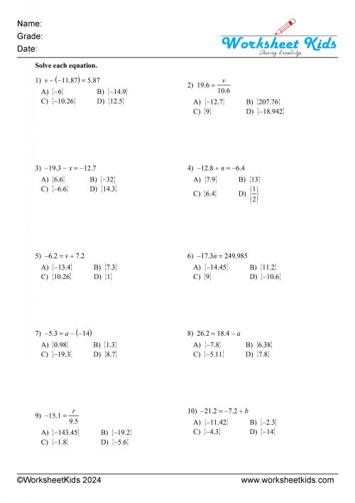 one step equations decimals addition subtraction multiplication and division MCQ