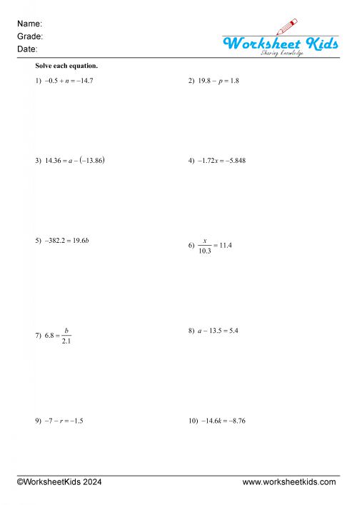 one step equations decimals addition subtraction multiplication and division