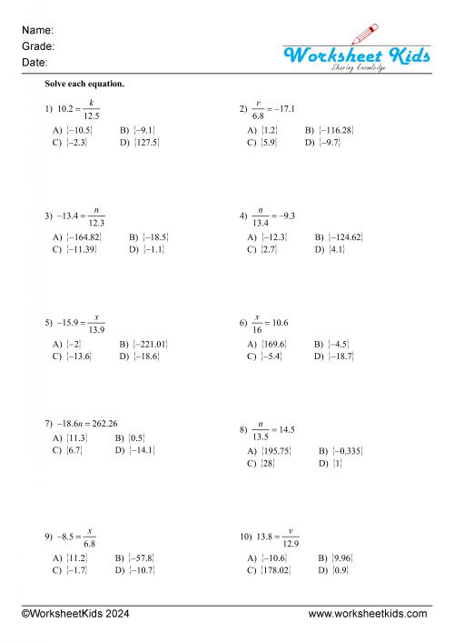 one step equations decimals multiplication and division either side MCQ