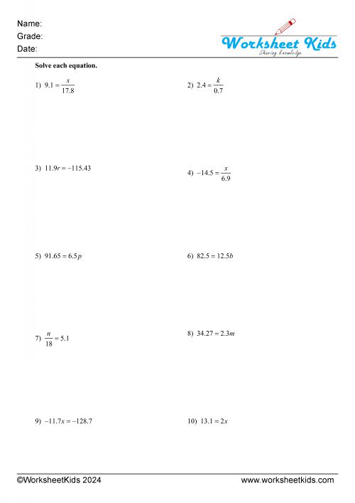 one step equations decimals multiplication and division either side