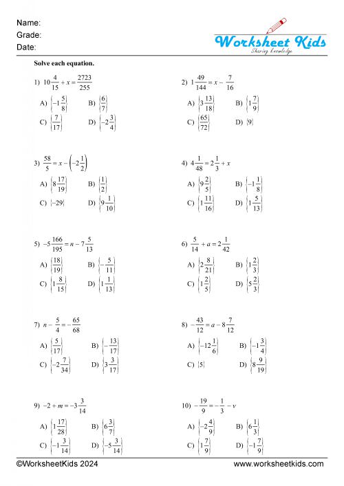 one step equations fractions addition and subtraction either side MCQ