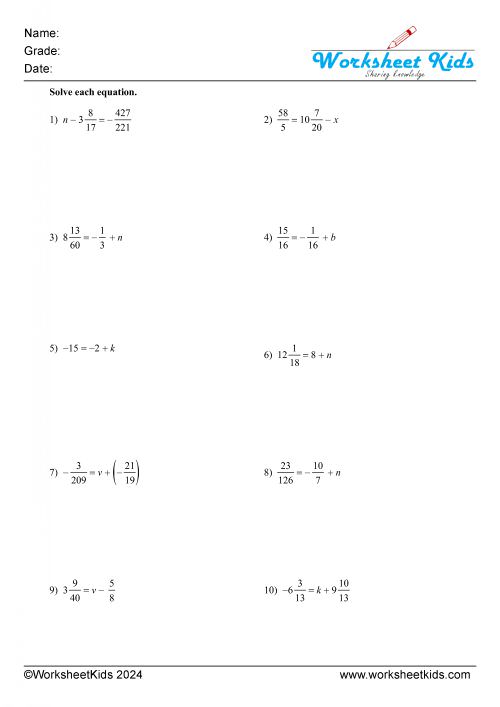 one step equations fractions addition and subtraction either side