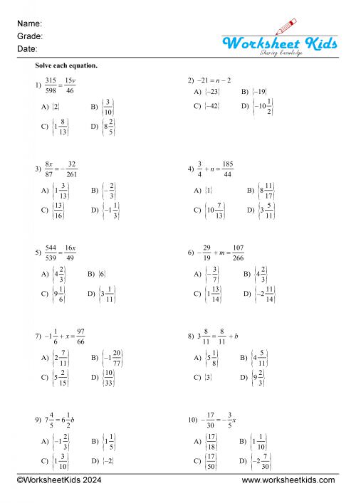 one step equations fractions addition subtraction multiplication and division MCQ