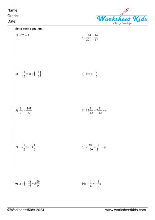 one step equations fractions addition subtraction multiplication and division