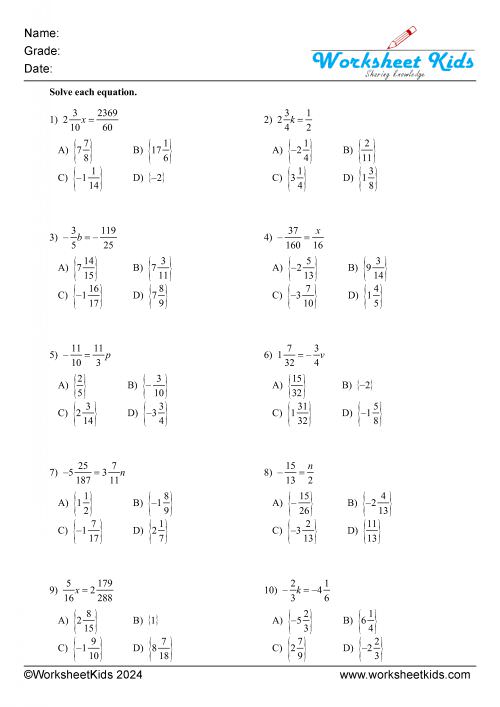 one step equations fractions multiplication and division either side MCQ