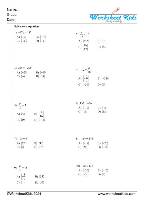 one step equations integers multiplication and division either side multiple choice questions MCQ