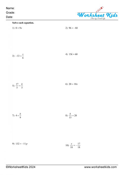 one step equations integers multiplication and division either side