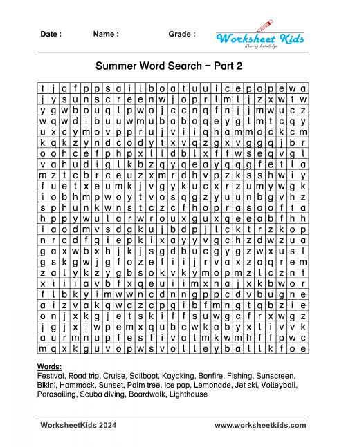 100 summer vacation words word search answers