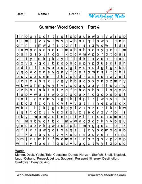 summer holidays word search answer key