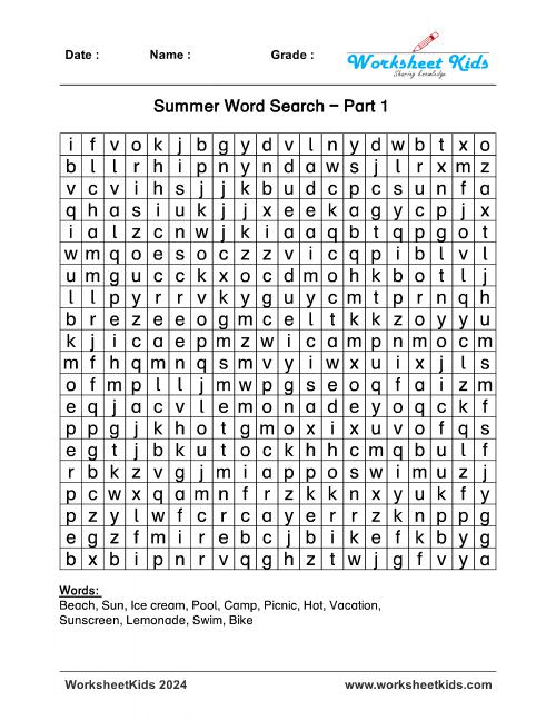 summer word search for kids