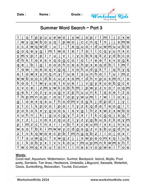 summer word search puzzles